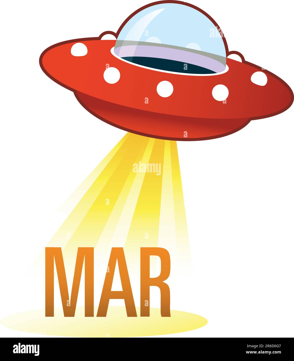 Symbol für den Kalendermonat im März: Fliegende Untertasse im Retro-Look mit Lichtstrahl. Geeignet für die Verwendung im Internet, in gedruckten Medien und auf Werbematerialien. Stock Vektor