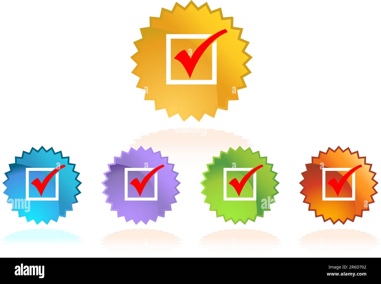 Satz sternförmiger Aufkleber mit roten Häkchen. Stock Vektor