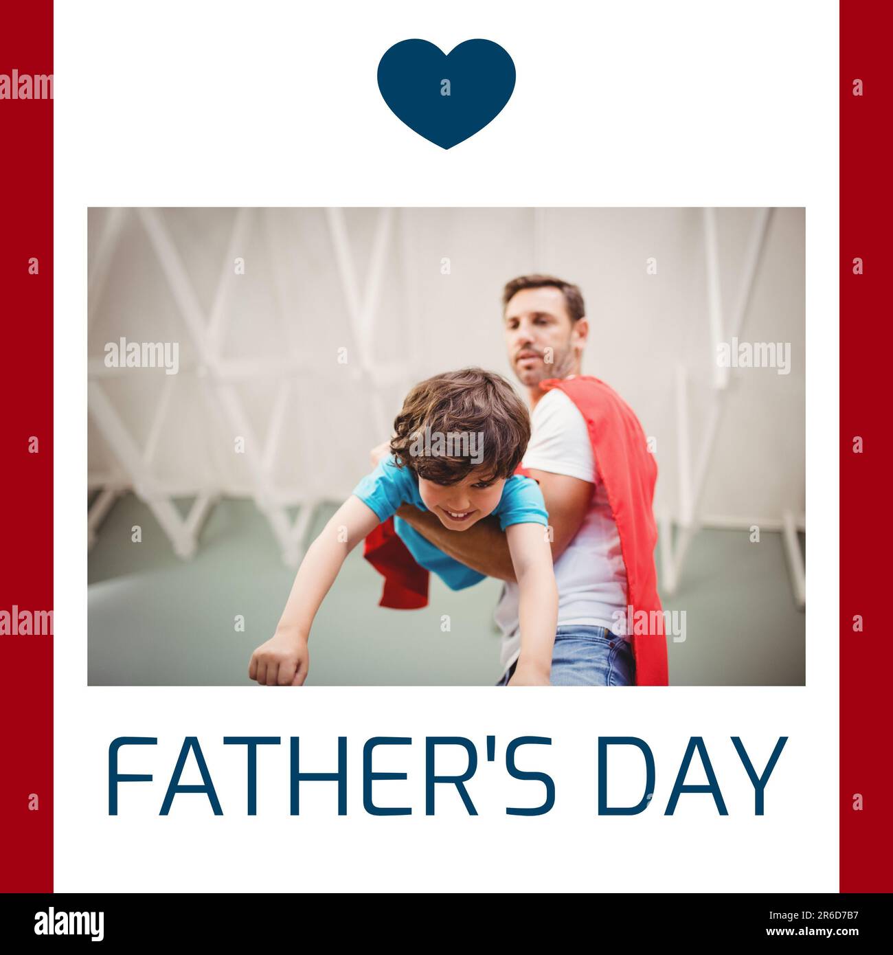 Verbund aus Vatertagstext und Herzform über weißem Vater mit Mütze fliegender verspielter Sohn Stockfoto