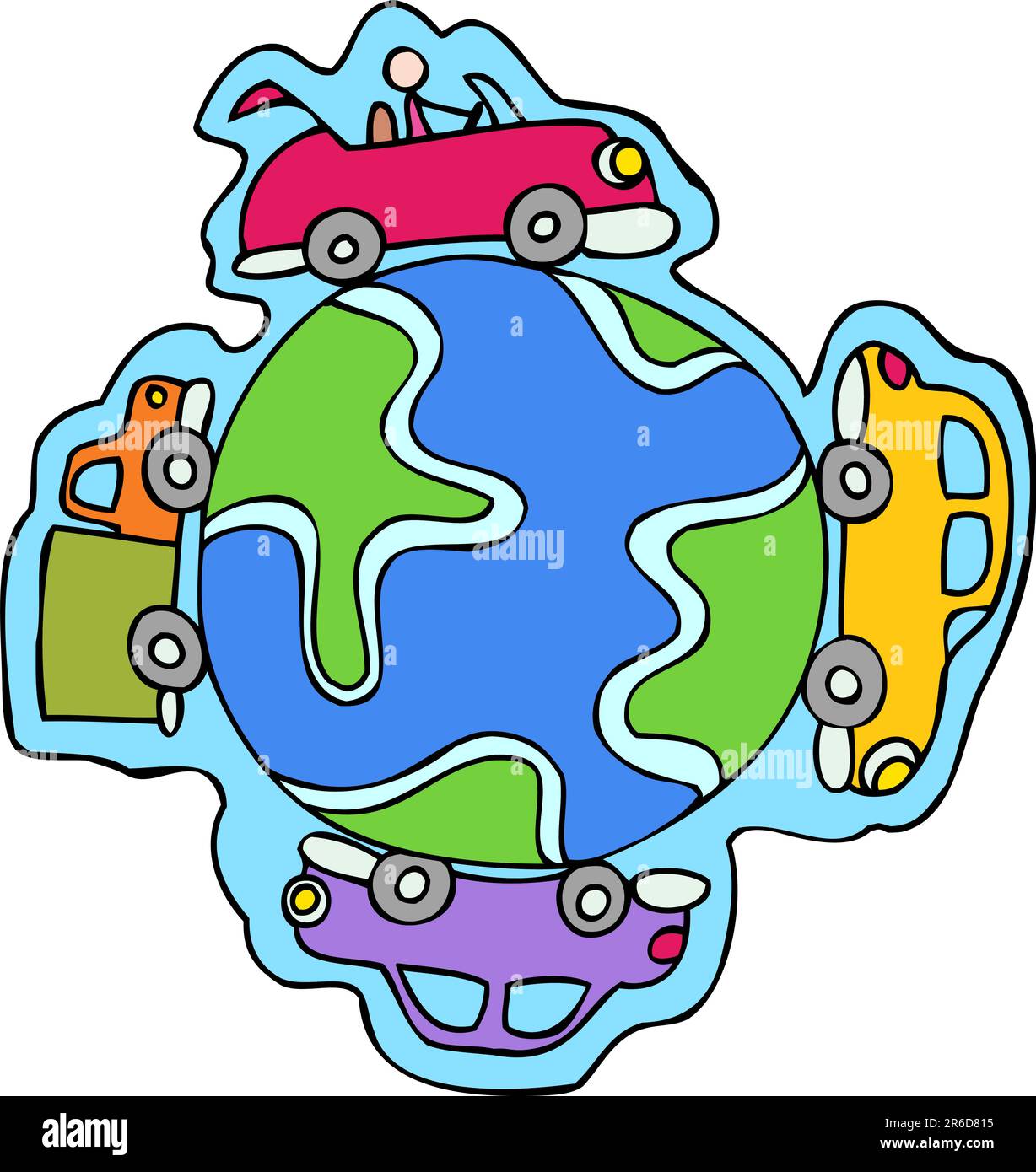 4 Autos, die rund um den Globus fahren. Stock Vektor
