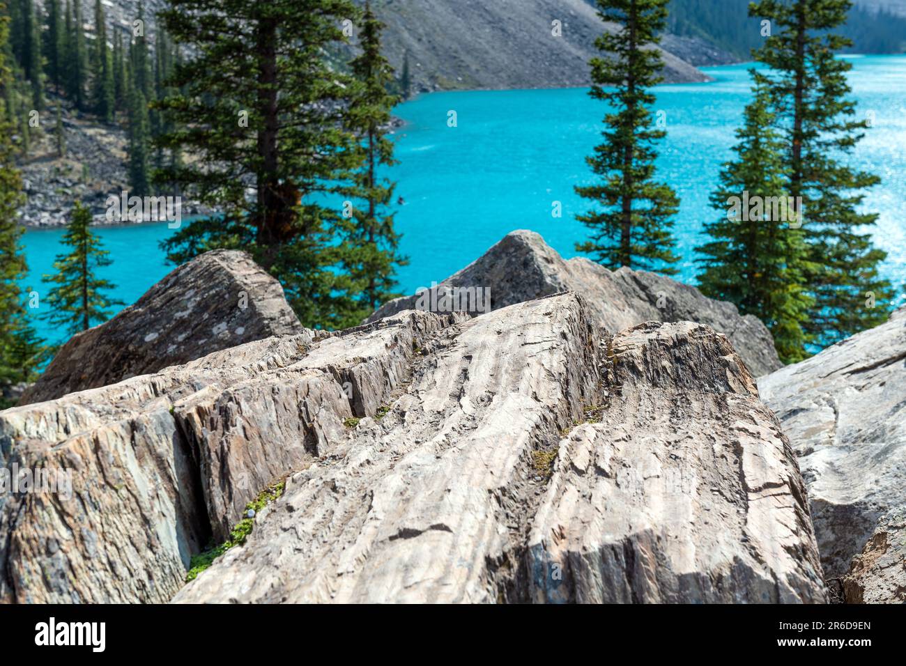 Felsen mit Gletschererosionsspuren am Moraine Lake, Banff National Park, Alberta, Kanada. Stockfoto
