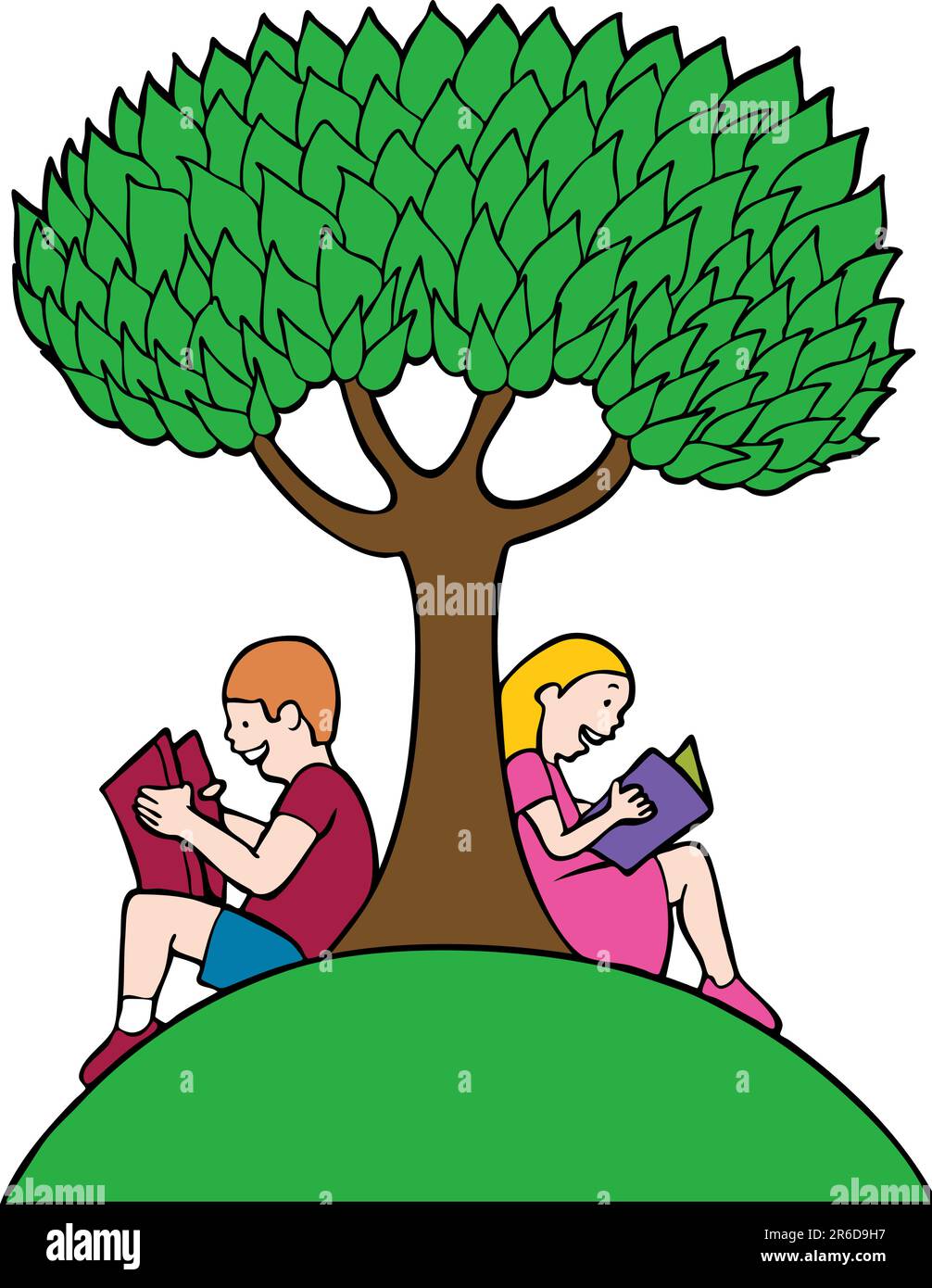 Kinder lesen Bücher unter einem Baum. Stock Vektor