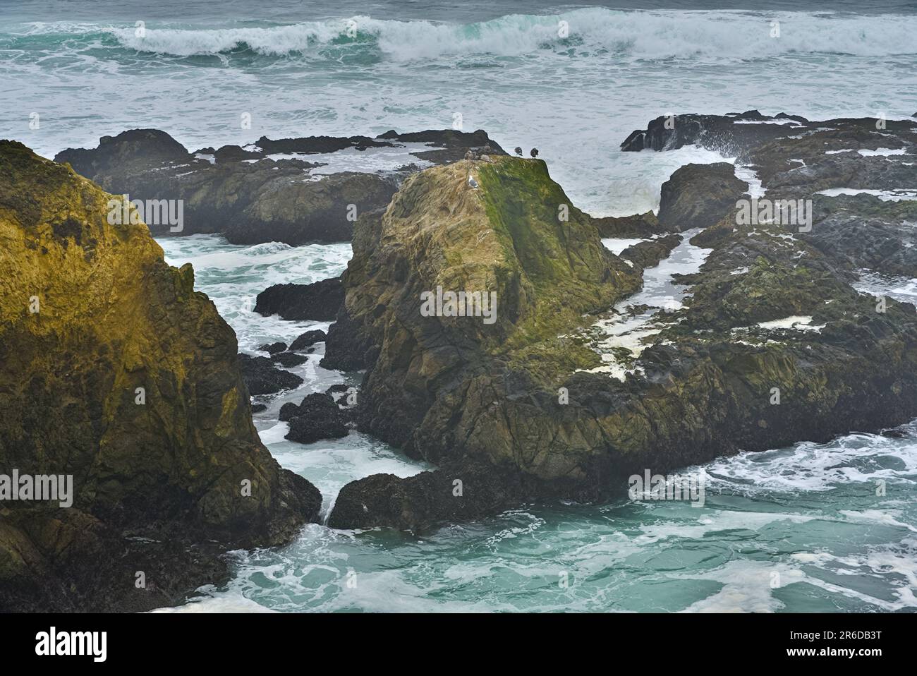 Küstenfelsen und Klippen mit Wellen. Stockfoto