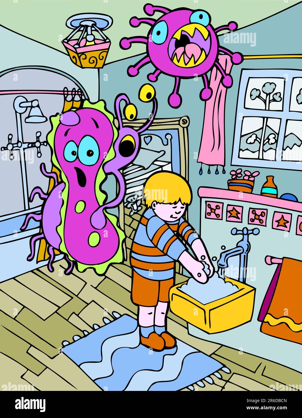 Ein Kind wäscht sich die Hände, um böse Keime zu verjagen. Stock Vektor