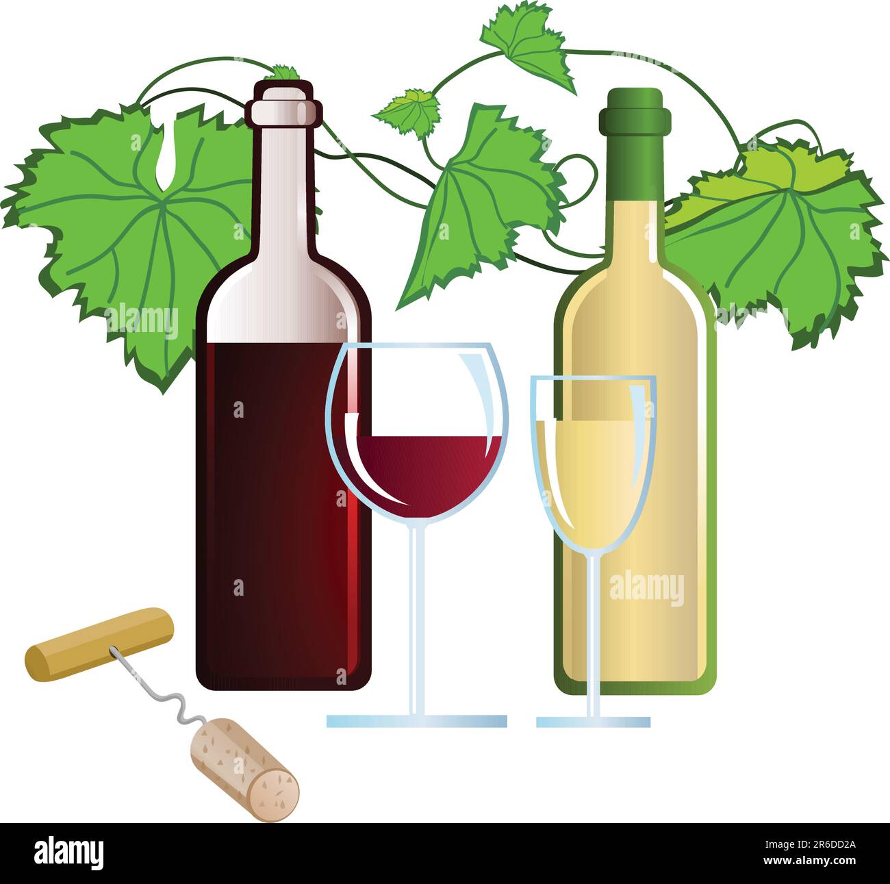 Illustration von Wein, Gläsern und Korkenzieher Stock Vektor