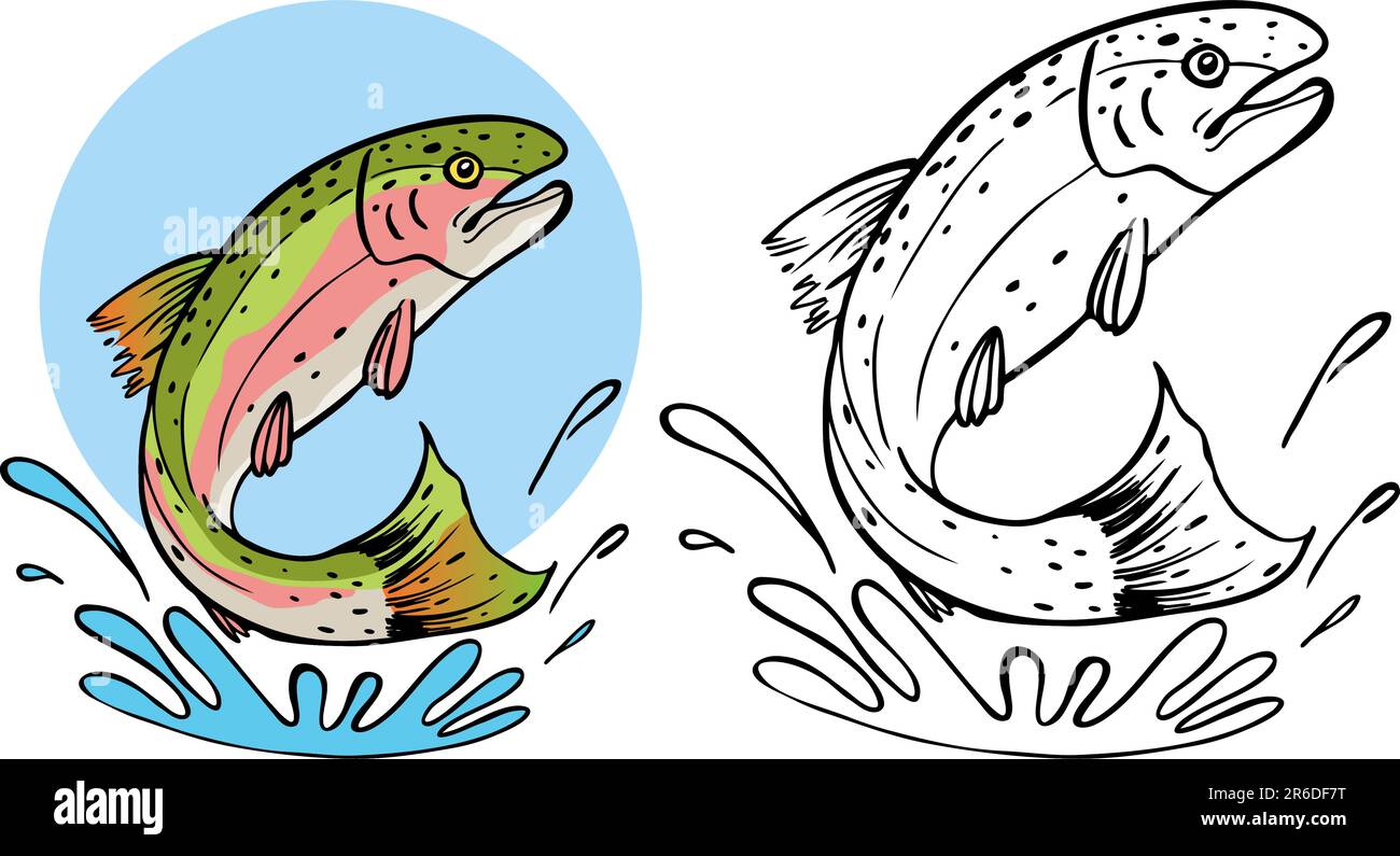 Ein Comic-Bild der Forelle planschen im Wasser - Farbe und schwarz / weiß-Versionen. Stock Vektor
