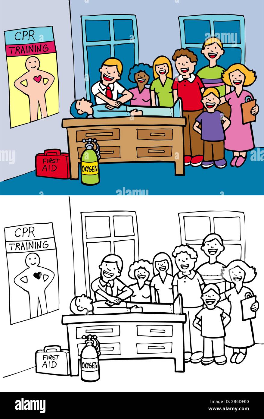 Comic-Bild einer CPR-Ausbildung-Klasse - Farbe und schwarz / weiß-Versionen. Stock Vektor