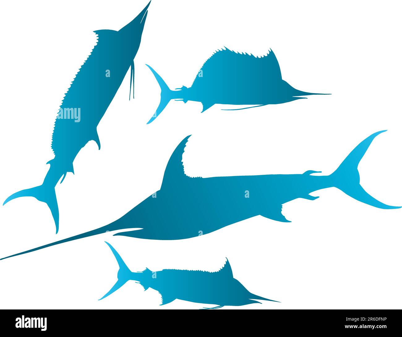 Vector Illustration Silhouetten von Marlin, Spearfish, Sailfish und Schwertfisch Stock Vektor