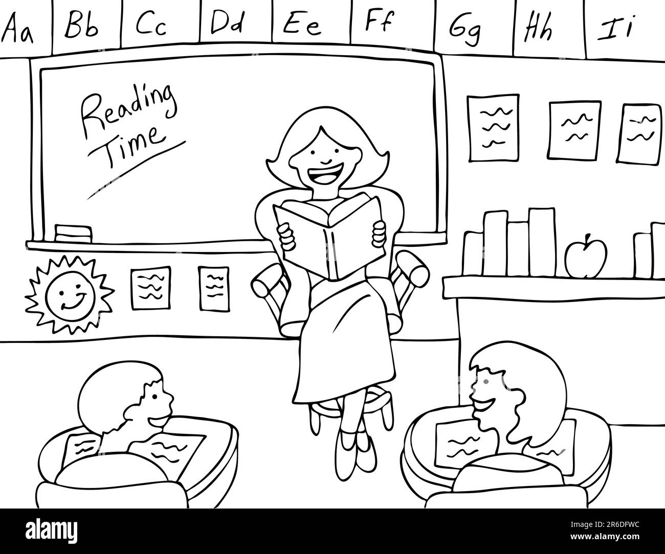 Eine Lehrerin hält ihren Grundkurs über Mathematik im Klassenzimmer - Schwarzweiß-Version. Stock Vektor