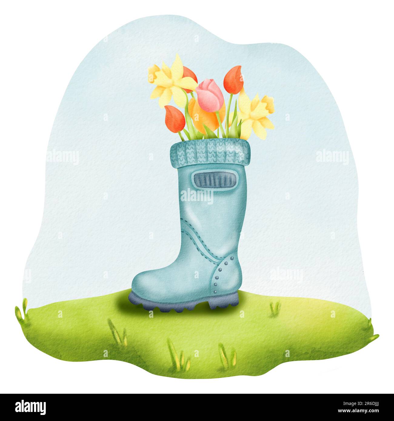 Komposition für eine Postkarte: Aquarell-Blumenstrauß in einer Gartenstiefelvase. Digitaler Cartoon in Aquarellfarben, handgezeichnet. Rustikaler Landhausstil. Sommer oder Stockfoto
