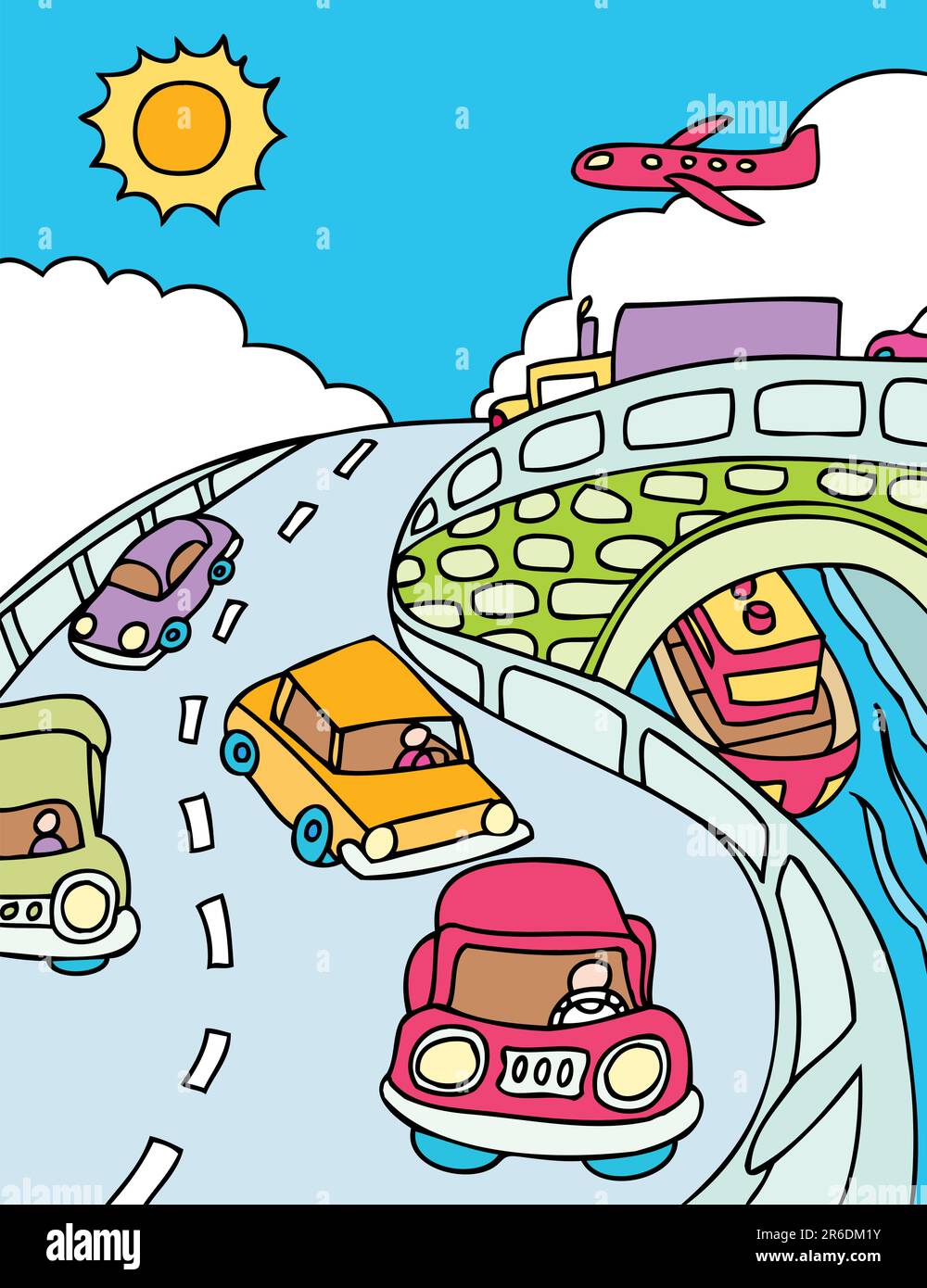 Szene mit Autos, Flugzeugen, Lastwagen und einem Boot, das an einem sonnigen Tag unterwegs ist. Stock Vektor