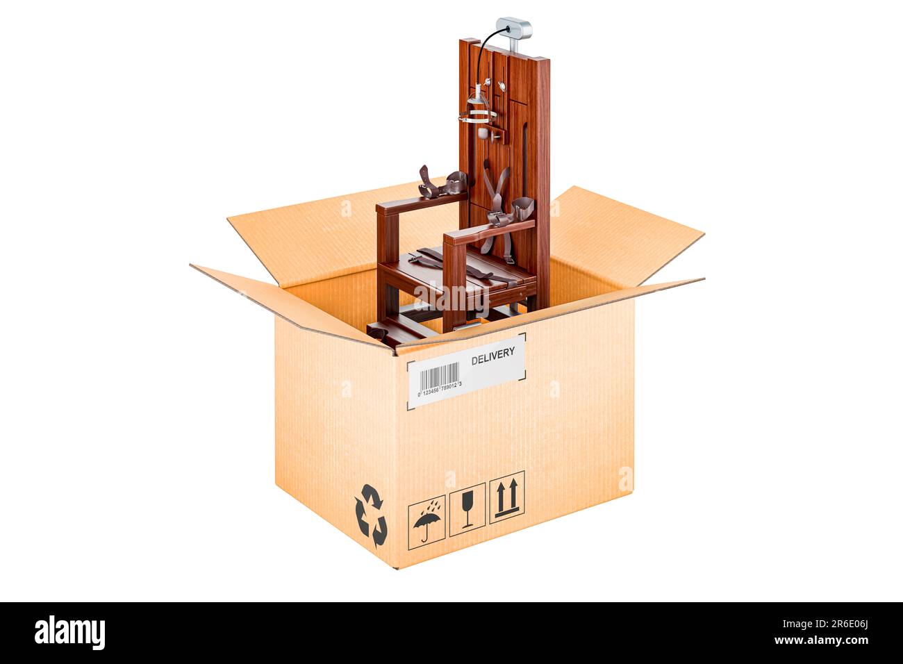 Elektrischer Stuhl im Karton, Lieferkonzept, 3D-Rendering auf weißem Hintergrund isoliert Stockfoto