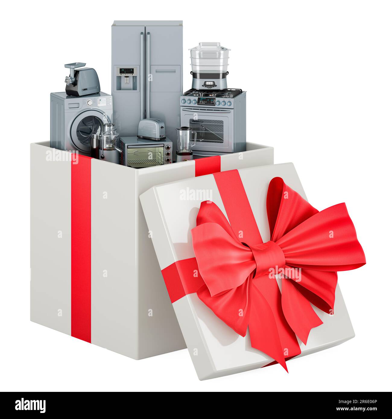 Küche und Haushaltsgerät in Geschenkbox, 3D-Rendering isoliert auf weißem Hintergrund Stockfoto