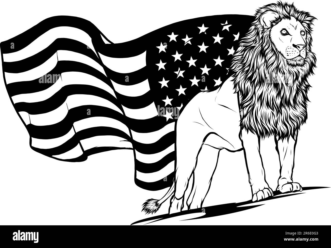 Schwarz-weißer Löwe mit us-Flagge auf dem Hintergrund Stock Vektor