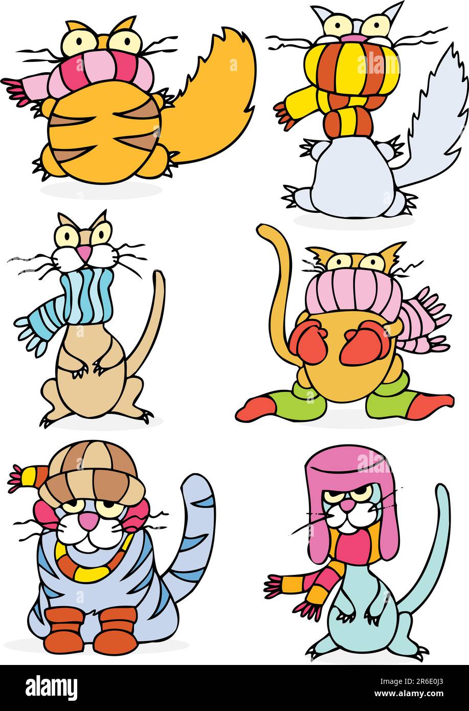 Cartoon-Set mit sechs eiskalten Katzen, die in Winterkleidung eingepackt sind. Stock Vektor