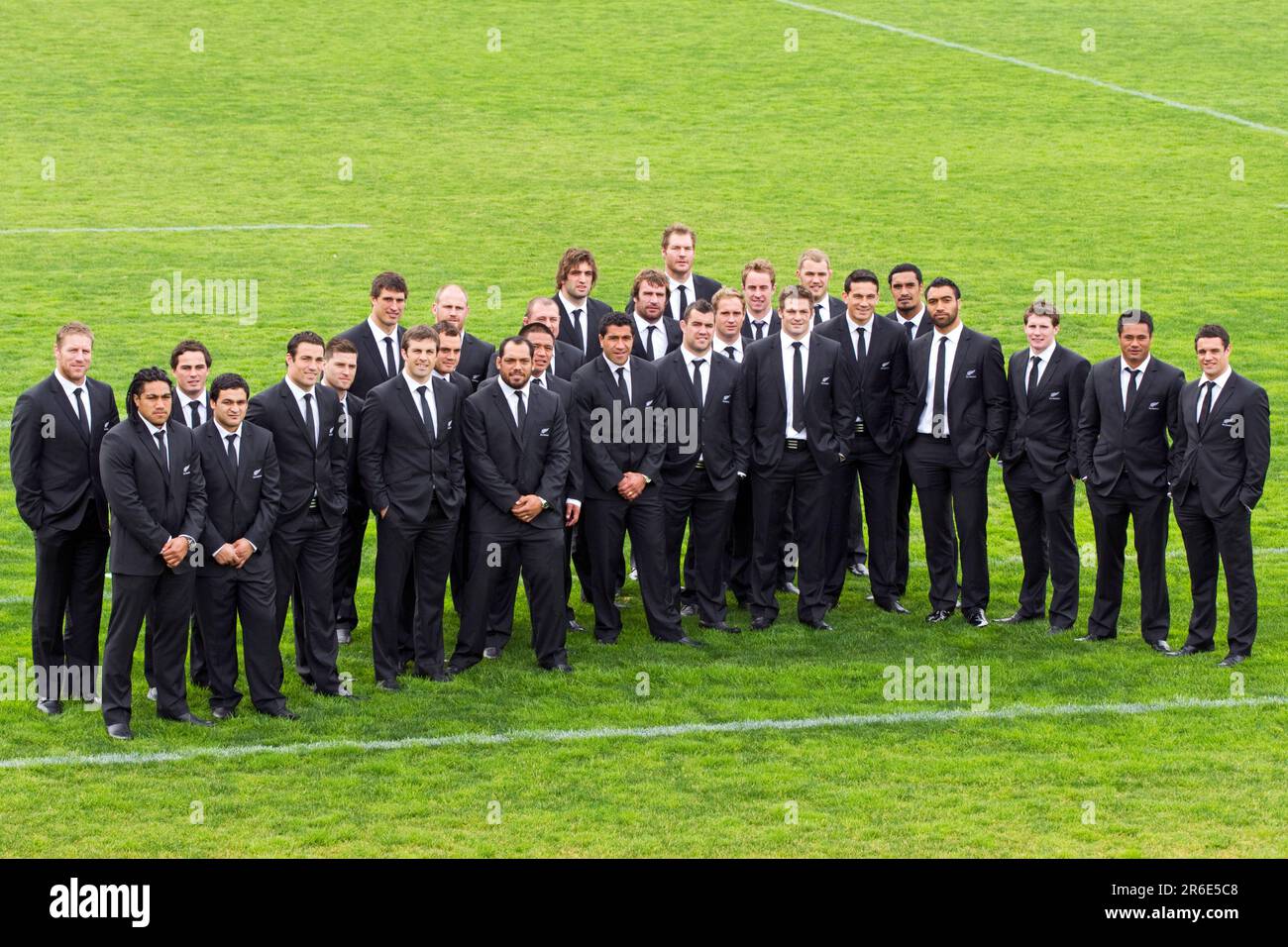 Die All Blacks posieren für die Medien bei der Präsentation der Rugby-Weltmeisterschaft 2011, Ponsonby Rugby Club, Auckland, Neuseeland, Montag, 29. August 2011. Stockfoto