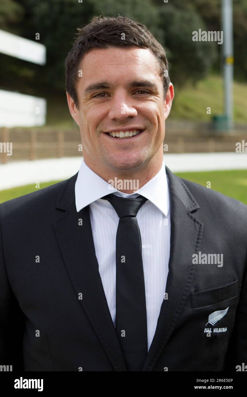 Dan Carter von den All Blacks bei der Präsentation der Rugby-Weltmeisterschaft 2011, Ponsonby Rugby Club, Auckland, Neuseeland, Montag, 29. August 2011. Stockfoto