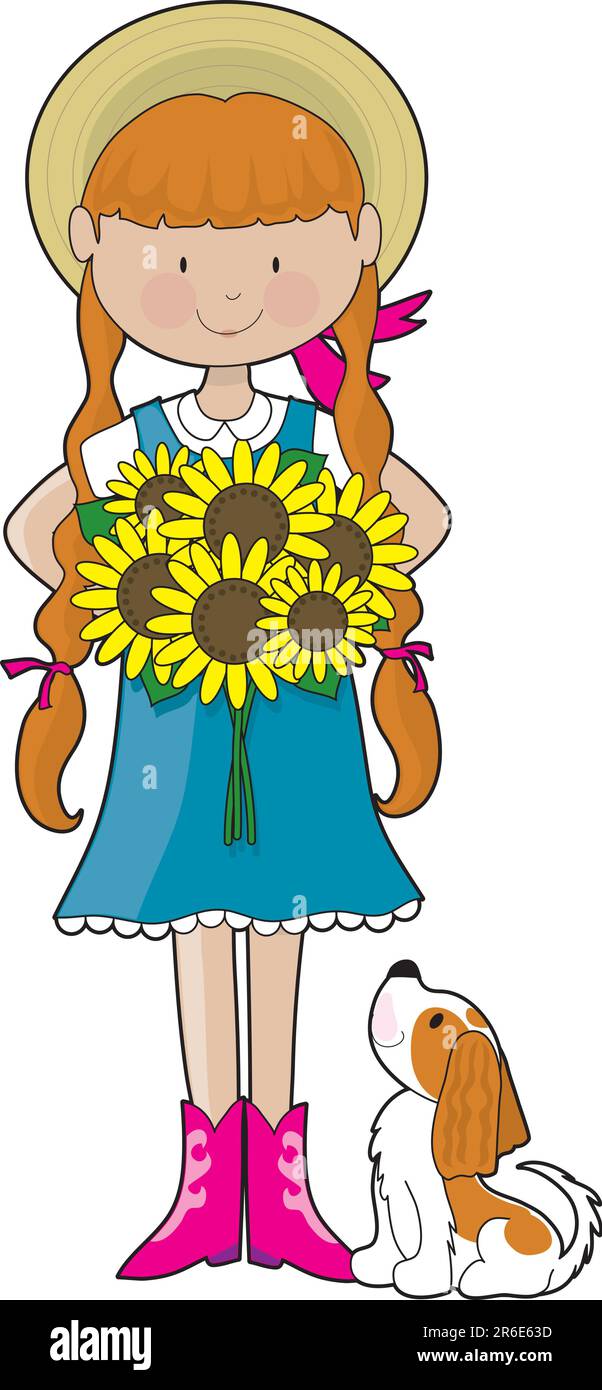Ein junges Mädchen in ländlicher Kleidung, mit einem Strauß Sonnenblumen in der Hand. Ihr kleiner Hund, ein Kavalier König Charles Spaniel, schaut zu ihr auf Stock Vektor