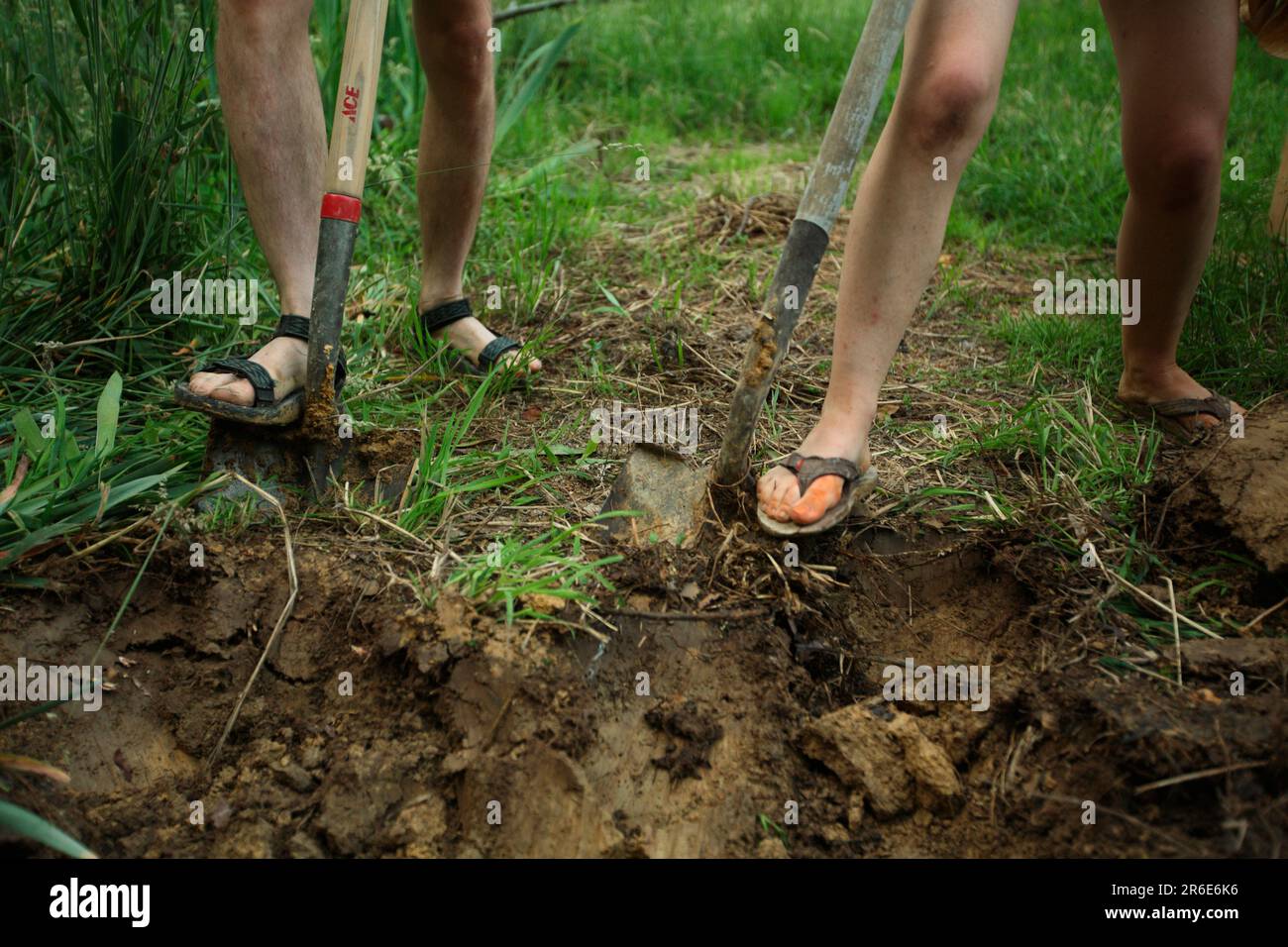 Circle Acres - Noel und Danielle graben einen Platz für ihren Kräutergarten aus Stockfoto