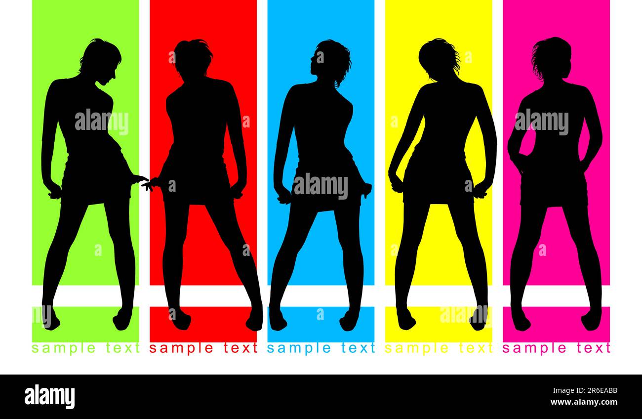 Modeparade mit farbigem Hintergrund, fünf weibliche Silhouetten Stock Vektor