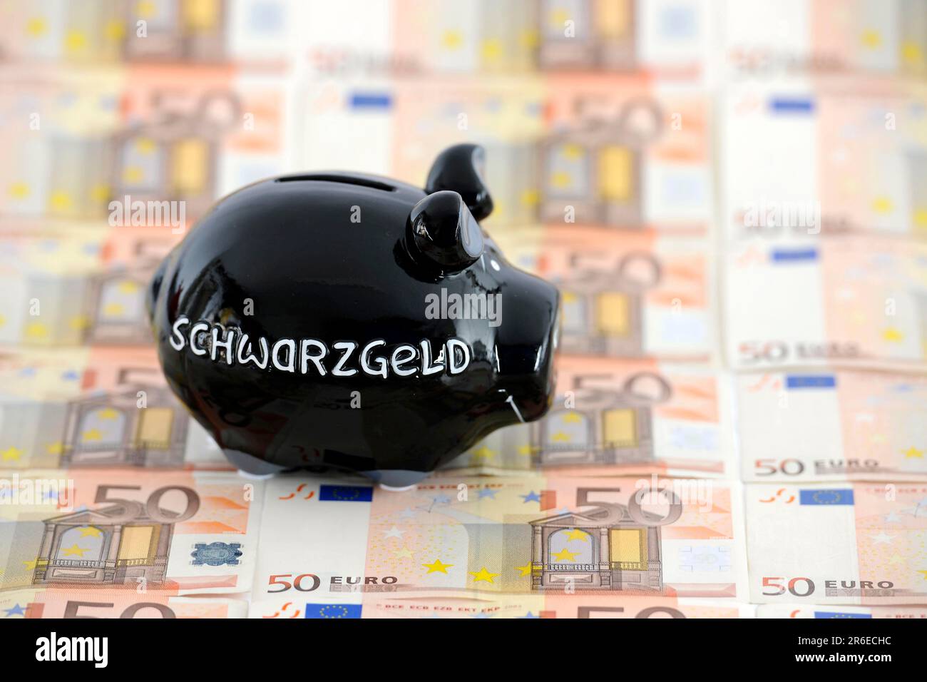 Sparschwein mit der Inschrift von schwarzem Geld auf 50-Euro-Banknoten, Wirtschaftskriminalität, Verbrechen Stockfoto