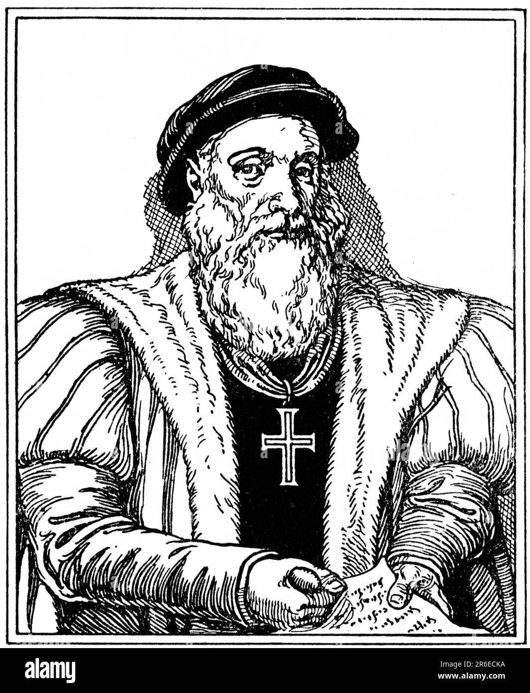 Vasco da Gama (c1460s-1524), portugiesischer Forscher und erster Europäer, der Indien auf dem Seeweg erreicht hat. Ein Werk, das auf einem Ölgemälde aus dem 16. Jahrhundert basiert. Stockfoto