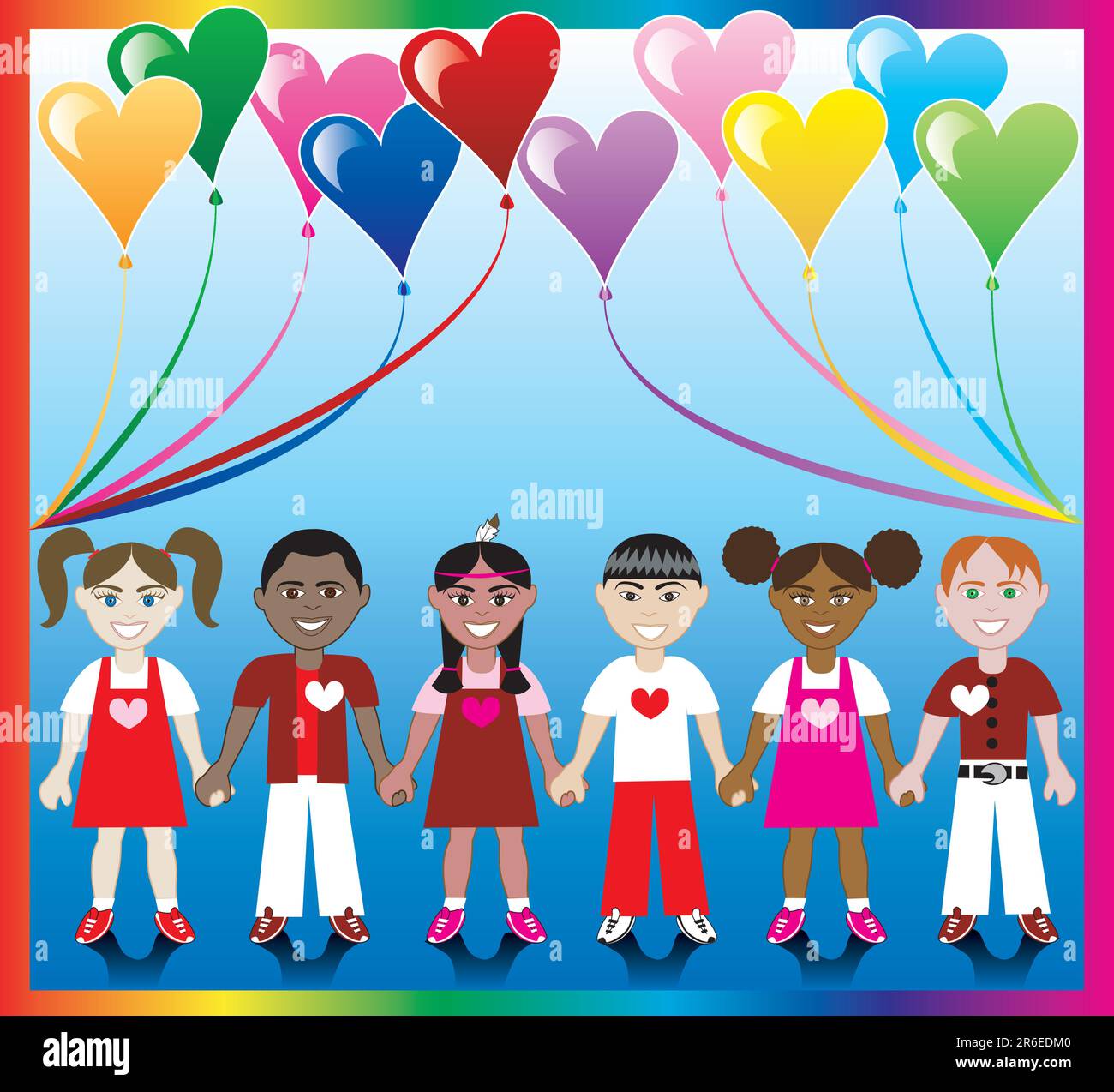 Vektordarstellung von 10 Herzballons mit farbenfrohem Hintergrund und Kindern, die mit Love Colors und Hearts Hände halten. Stock Vektor
