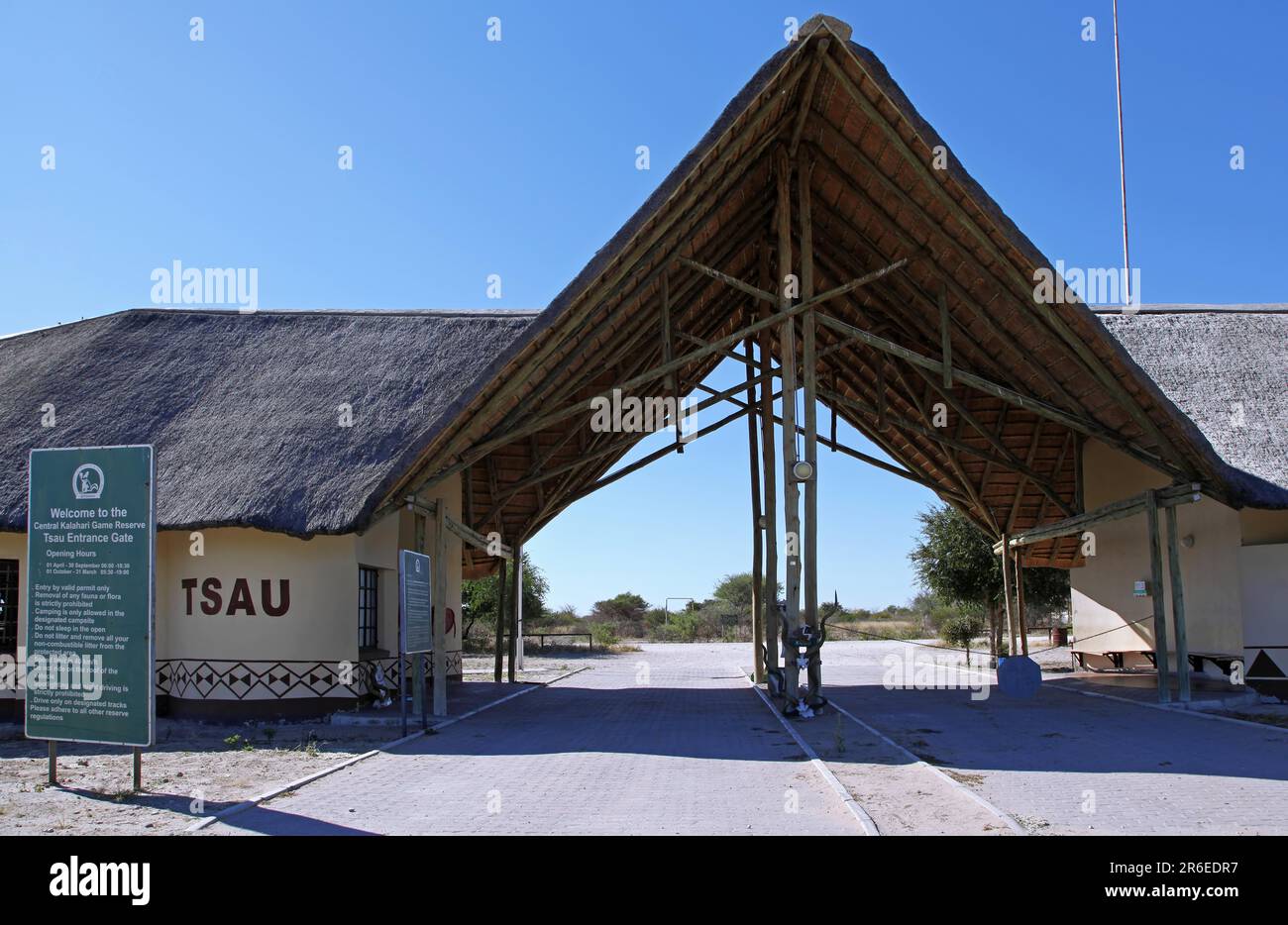 Tsau Eingangstor, Central Kalahari Game Reserve CKGR. Botsuana Stockfoto