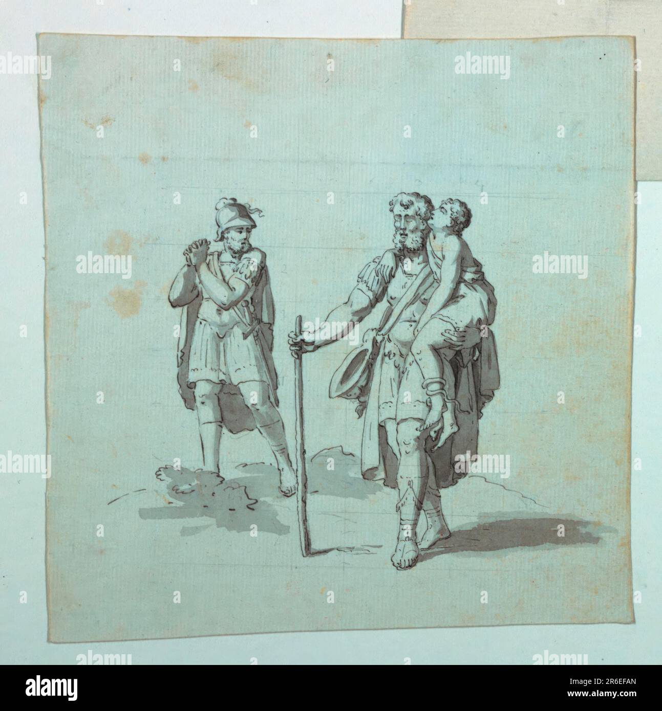 Skizzieren Sie eine Insel für einen Cartoon für Baumwolldruck, der einen blinden Soldaten zeigt, Stab in der Hand, der einen Jungen am linken Arm hält, während ein anderer Soldat in der Nähe seine Qual ausdrückt. (Wahrscheinlich eine ungenutzte Insel für ein Belisarius-Subjekt; die Insel zeigt, dass der blinde Belisarius von einem seiner Soldaten erkannt wird.) Datum: Ca. 1820. Stift und Tinte mit grauer Wäsche auf Papier. Museum: Cooper Hewitt, Smithsonian Design Museum. Stockfoto