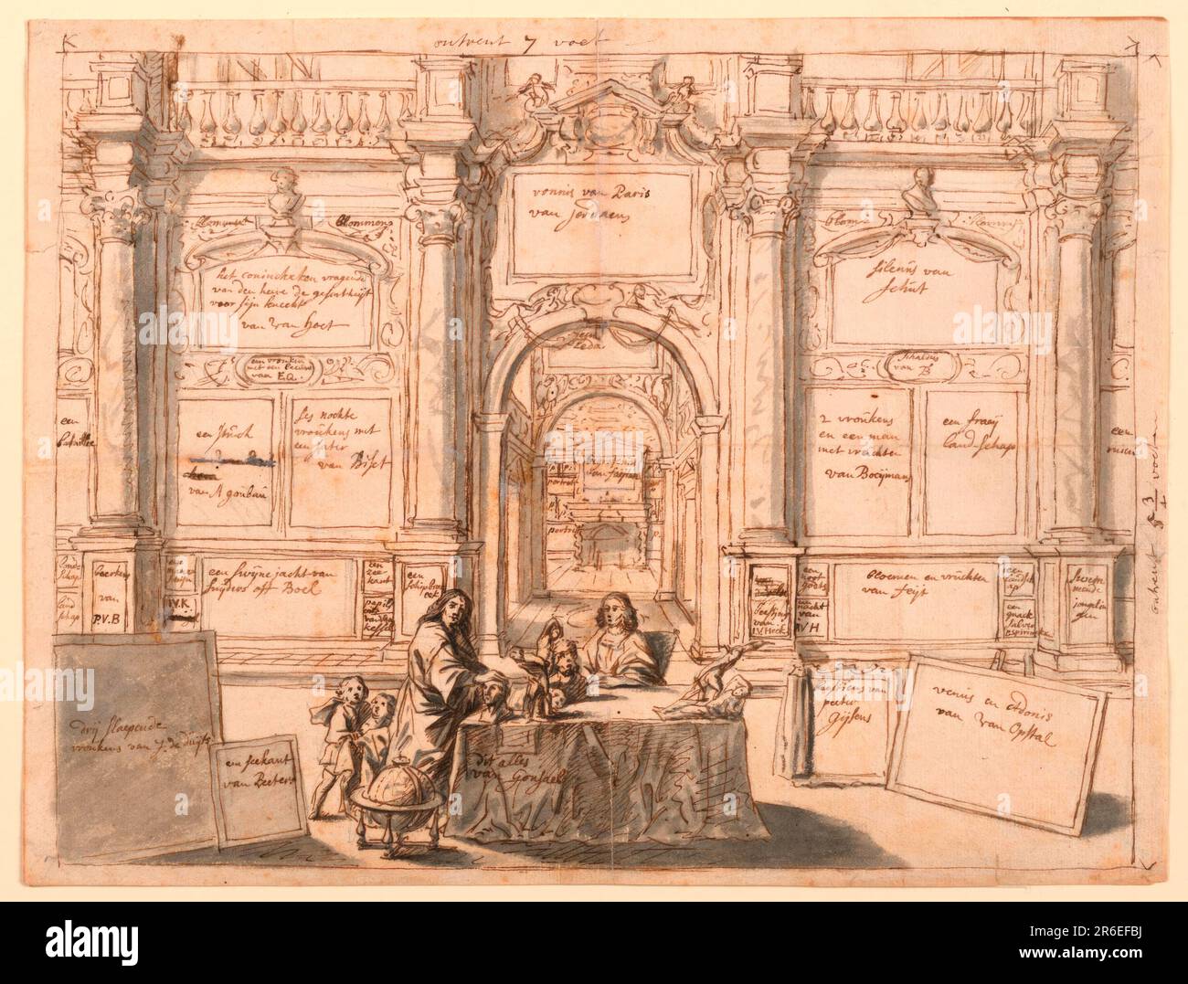 Das Innere einer großen Galerie, deren Wände mit Rahmen gesäumt sind, die schriftliche Inschriften enthalten, die sich auf die darin enthaltenen Bilder beziehen. Ein Blick durch eine zentrale Bogenöffnung offenbart einen Korridor und eine weitere Galerie dahinter. Im Vordergrund befinden sich der Sammler und seine Familie neben einem Tisch, auf dem skulpturierte Objekte angezeigt werden. Datum: Ca. 1700. Stift und Sepia Tinte, Bürste und graue Wäsche auf Papier. Museum: Cooper Hewitt, Smithsonian Design Museum. Stockfoto