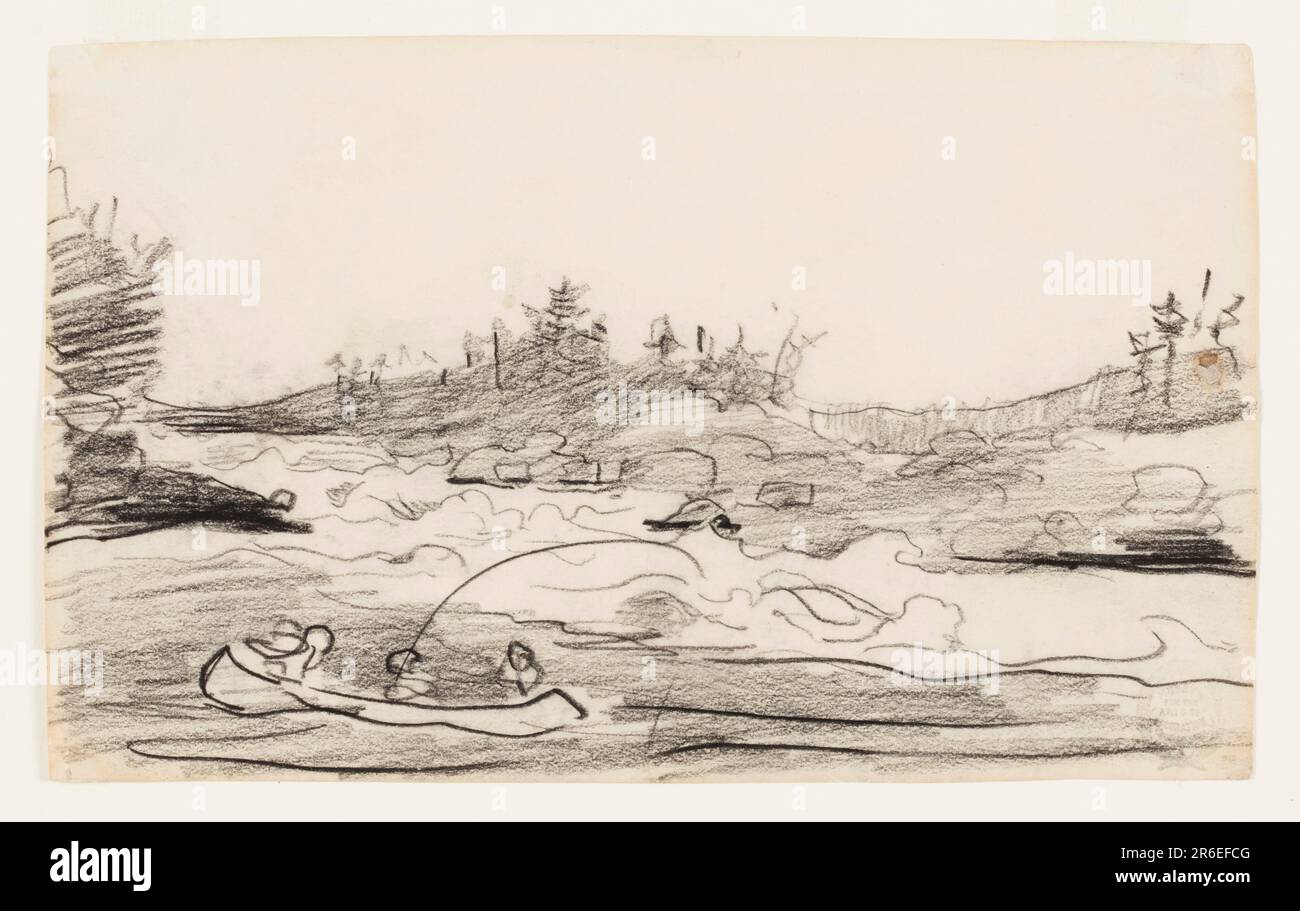 Skizze von Stromschnellen, am Fuße eines Kanus, das von zwei männlichen Figuren gepaddelt wird, mit einem dritten Fischen. Datum: 1897. Buntstift auf Papier. Museum: Cooper Hewitt, Smithsonian Design Museum. Stockfoto Skizze von Stromschnellen, am Fuße eines Kanus, das von zwei männlichen Figuren gepaddelt wird, mit einem dritten Fischen. Datum: 1897. Buntstift auf Papier. Museum: Cooper Hewitt, Smithsonian Design Museum. Stockfoto