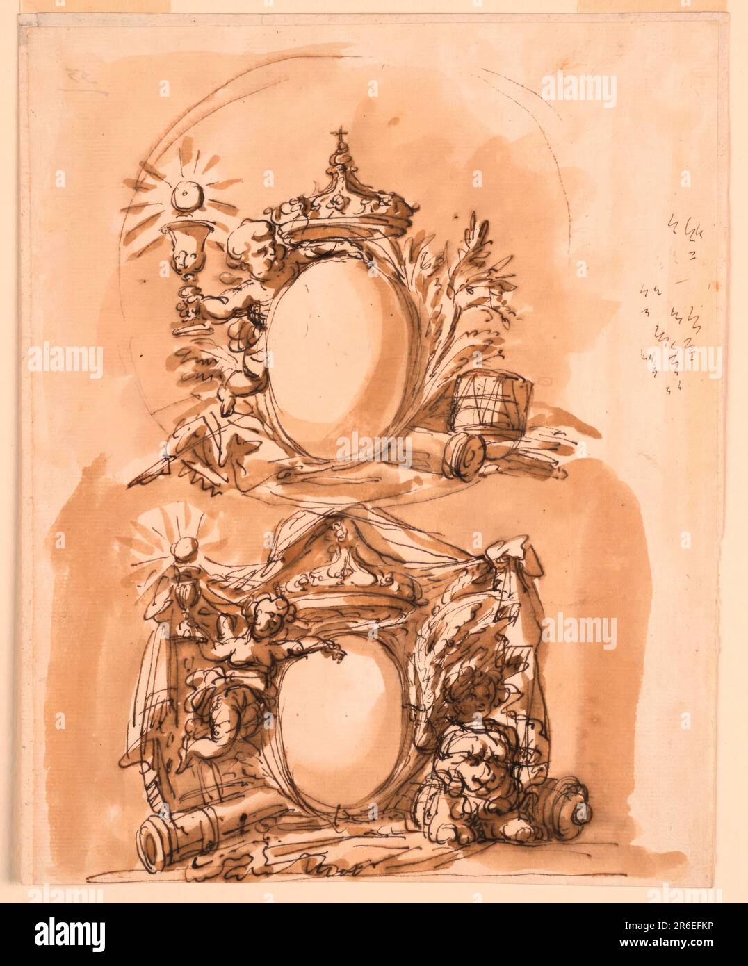 Wappen. Stift und braune Tinte, Bürste und braune Wäsche auf weißem, liegendem Papier, gefüttert. Datum: 1746-1809. Museum: Cooper Hewitt, Smithsonian Design Museum. Stockfoto