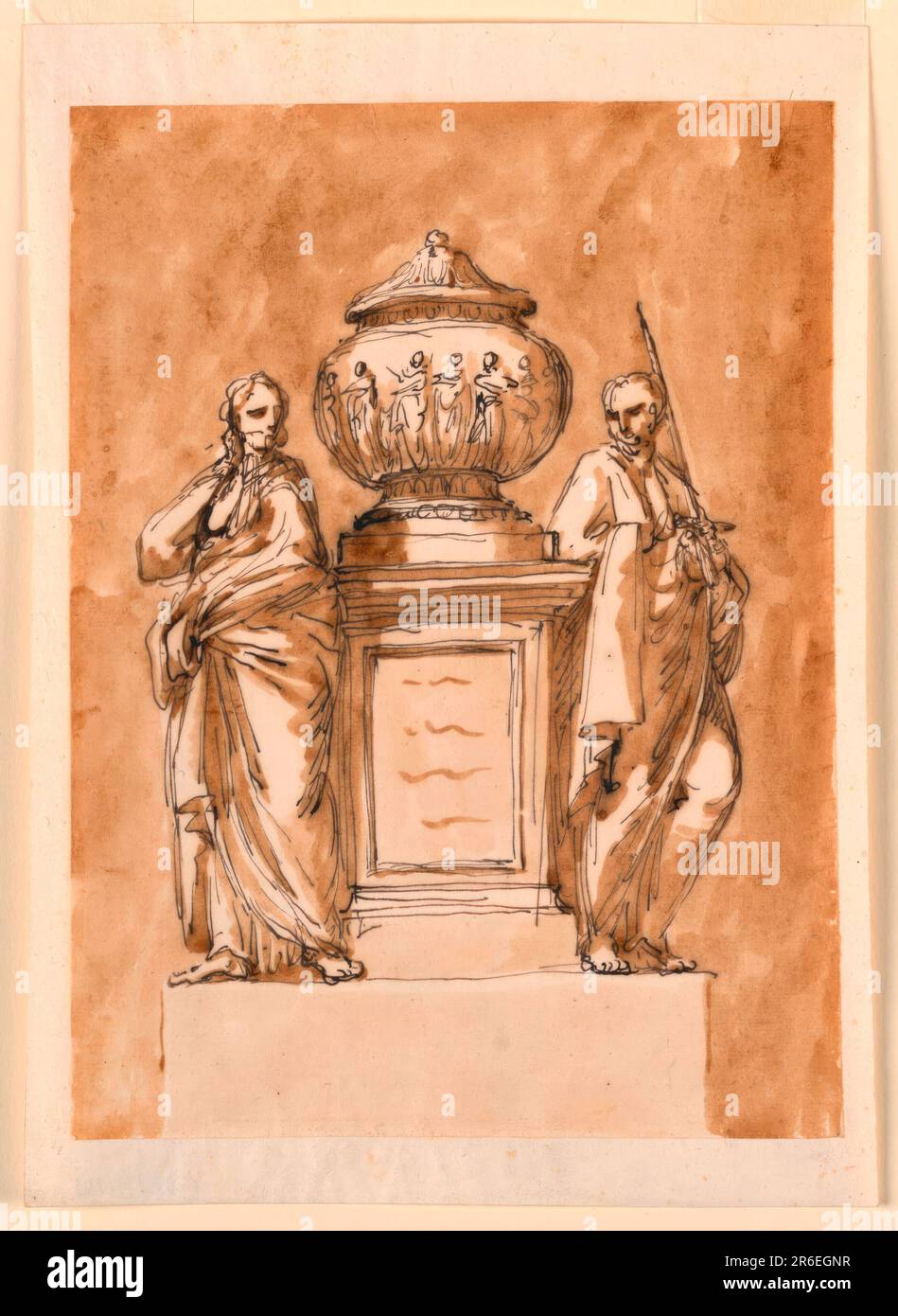 Denkmal. Stift und braune Tinte, Bürste und braune Wäsche auf ausgekleidetem, weißem, liegendem Papier. Datum: 1746-1809. Museum: Cooper Hewitt, Smithsonian Design Museum. Stockfoto