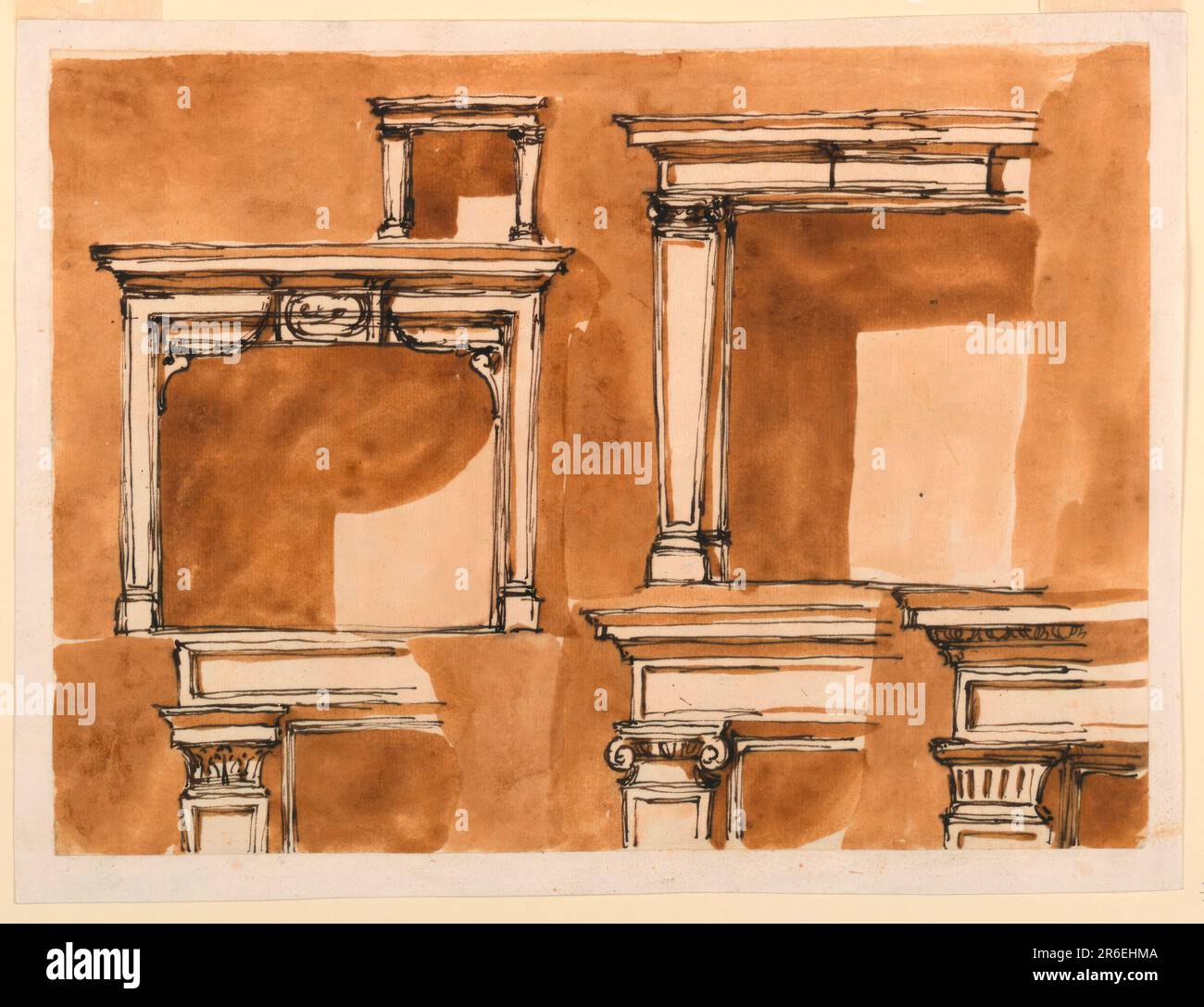 Linke Reihe, oben: Im kleinen Maßstab wird ein Enablature von gaines unterstützt, der vor Piloten steht. Mitte: Die Basen befinden sich seitlich unten. Drei Seiten eines geformten Rahmens stehen darauf. Ein rückläufiges Formteil wird oben durch Klammern gestützt. Oben in der Mitte vor beiden Leisten befindet sich ein Langloch mit einem eiförmigen Medaillon. Soffittenfresser hängen von den oberen Ecken des Langlochs zu den Halterungen. Das Regal wird durch eine Einmischung gebildet. Unten: Die obere linke Ecke wird angezeigt. Die Öffnung ist mit Zierleisten eingerahmt. Eine Stütze außerhalb eines Langlochs mit geformtem Rahmen, der die Vorderseite eines Regals darstellt. Rechte Reihe, A Stockfoto