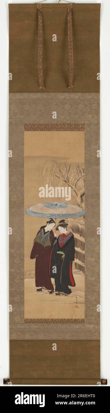 Ein Mädchen und ein Mann, die im Schnee laufen. Ursprung: Japan. Punkt: Edo Punkt. Datum: Mitte des 18. Jahrhunderts. Farbe, Tinte und Gold auf Seide. Museum: Freer Gallery of Art und Arthur M. Sackler Gallery. Stockfoto