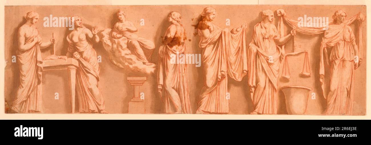 Friese- oder Reliefdesign mit verschiedenen Allegorien. Datum: 17. Jahrhundert. Rote Kreide, Bürste und Wäsche auf Papier. Museum: Cooper Hewitt, Smithsonian Design Museum. Stockfoto