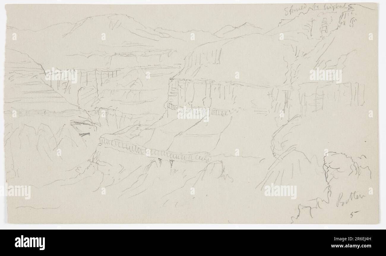 Horizontale Ansicht schräge Ansicht der rechten Wand des Tals und der rechten Spalte, wobei die mittlere Rückwand in der linken Mitte sichtbar ist; eine Fortsetzung der in 1917-4-173 gezeigten Ansicht. Verso: Horizontale Ansicht eines Hügels und Detail einer Felswand. Graphit auf grauem Papier. Datum: 20. Februar 1868. Museum: Cooper Hewitt, Smithsonian Design Museum. Stockfoto