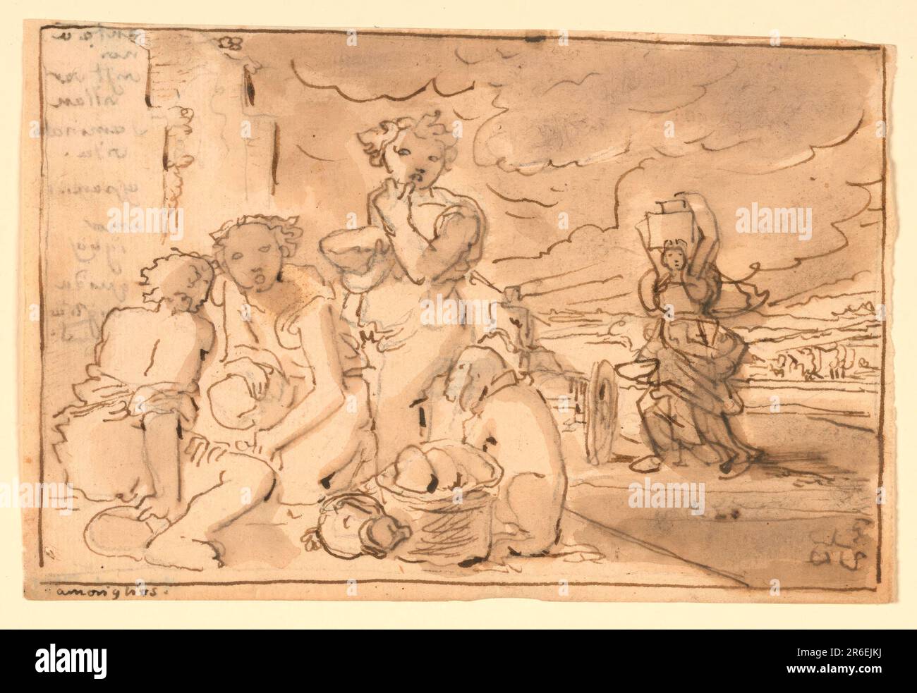 Links eine Gruppe von drei Figuren und ein Hund. In der Mitte, rechts, bewegt sich eine Frau nach links und trägt einen Wasserkrug auf dem Kopf. Rahmenlinie, mit Beschriftung unten, links. Tinte, Pinsel und Wasch auf Papier. Datum: 1820-1850. Museum: Cooper Hewitt, Smithsonian Design Museum. Stockfoto
