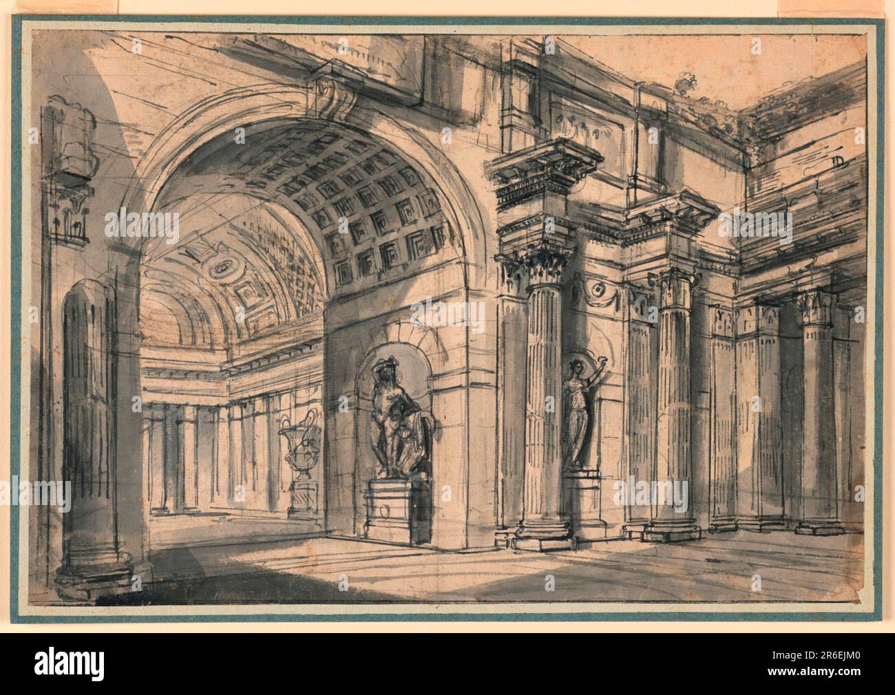Entwerfen Sie einen Vorplatz mit einer Kolonnade entlang einer Seite und entlang einer anderen einen Bogenbogen, der in eine Halle führt, die von einer Kolonnade umgeben ist. Nische mit Skulptur auf dem Vorplatz, eine andere mit Bogenöffnung. Datum: 1742-46. Stift und Tinte mit Tinte waschen sich auf liegendem Papier. Museum: Cooper Hewitt, Smithsonian Design Museum. Stockfoto