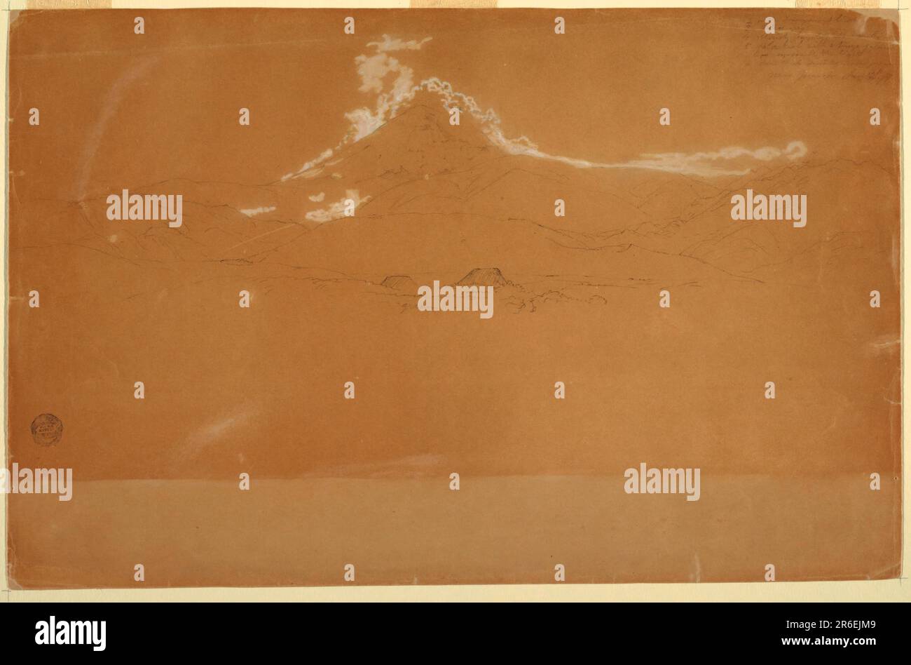 Horizontaler Blick auf den Chimborazo und die benachbarten Berge mit den Dächern von zwei Häusern und einem Plateau im Vordergrund. Graphit, Pinsel und weißer Gouache auf grauem Papier. Datum: 13. Juni 1857. Museum: Cooper Hewitt, Smithsonian Design Museum. Stockfoto