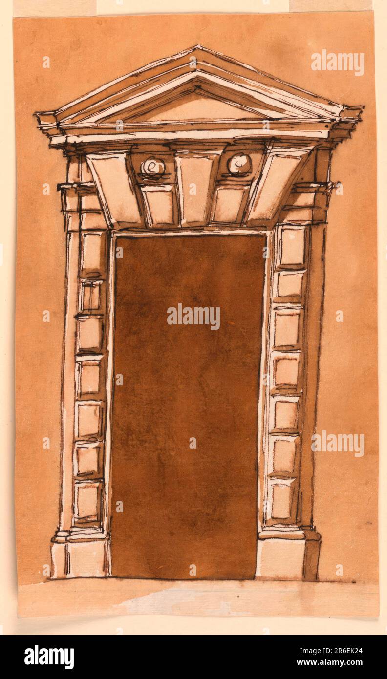 Streifen mit Rautenform, seitlich. Fünf schräg entsorgte Diamanten oben drauf, von denen drei das dreieckige Pediment unterstützen. Farbiger Hintergrund. Stift und braune Tinte, Bürste und braune Wäsche auf weißem, liegendem Papier. Datum: 1780-1795. Museum: Cooper Hewitt, Smithsonian Design Museum. Stockfoto