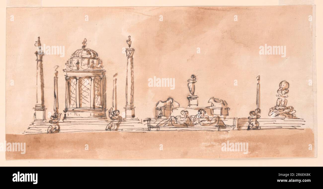 Kommode, Tischmitte für die Altieri-Familie. Datum: 1790-1795. Stift und braune Tinte, Bürste und braune Wäsche auf ausgekleidetem, weißem, liegendem Papier. Museum: Cooper Hewitt, Smithsonian Design Museum. Stockfoto