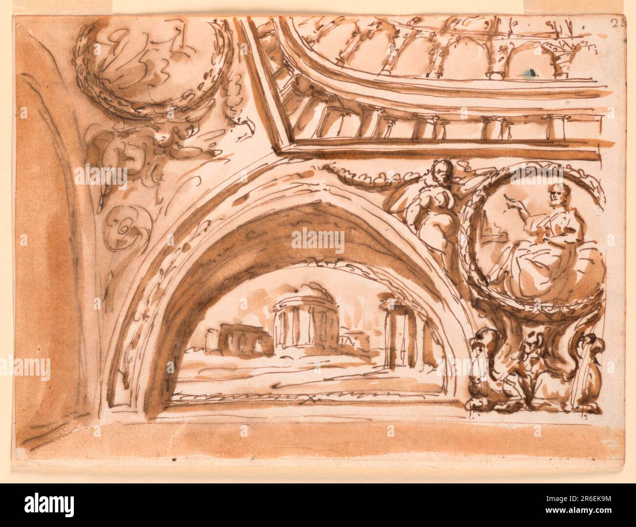 Eine Variante des Schemas von -1532. Der Bogen links ist zu einem schmalen Streifen verkleinert. Das zentrale Motiv darunter ist ein rundes Medaillon mit einem sitzenden Mann, getragen von den Flügeln zweier geduschter Greifer und unterstützt von Frauen, die auf den spitzen Bögen sitzen. Ein kugelförmiges Panel auf der linken Seite ist mit einem ovoidalen Medaillon verziert, das von sitzenden Frauen getragen wird. Oben sehen Sie eine ähnliche Ansicht wie in -1524, mit einer wahrscheinlich gleichnamigen Trellis-Architektur im Zentrum. Datum: 1790-1800. Stift und braune Tinte, Pinsel und braunes Waschpapier, verlegt, gefüttert. Museum: Cooper Hewitt, Smithsonian Design Museum. Stockfoto