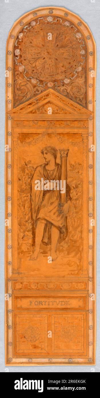 Hohe, vertikale Komposition mit oberem Bogen. In der Mitte steht eine Figur mit einer kleinen Säule. Sein Kopf drehte sich nach links. Laub links und rechts. Eine große Rosette mit Kreuz und Laub darüber. Auf der Basis geschrieben, über zwei Tafeln mit Blumen. Datum: Ca. 1890. Pinsel und Aquarell, weißer Gouache, Graphit auf Malpapier. Museum: Cooper Hewitt, Smithsonian Design Museum. Stockfoto