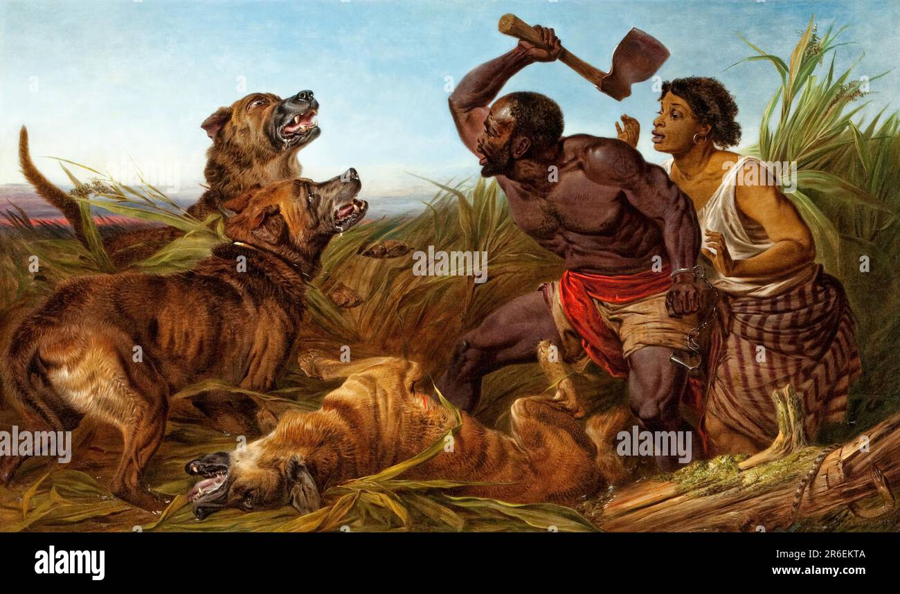 Dieses Ölgemälde zeigt einen flüchtigen versklavten Mann und eine flüchtige Frau, die von drei Mastiff-Hunden in einer Sumpflandschaft befallen sind. Auf der rechten Seite des Gemäldes befinden sich zwei menschliche Figuren, die links über das Gemälde den Hunden gegenüberstehen. Der Mann steht in einer halben Hocke zwischen den Hunden und der Frau und schwingt ein Beil in seiner erhobenen rechten Hand. Am linken Handgelenk baumelnd ein Paar Manakel mit einer aufgebrochenen Manschette. Er trägt eine leicht gemusterte braune Hose bis zur Mitte des Oberschenkels und hat eine rote Schärpe um die Taille. Sein Körper hat zahlreiche Narben und eine runde Marke oder ein Tattoo auf der linken Schulter. Das Wom Stockfoto