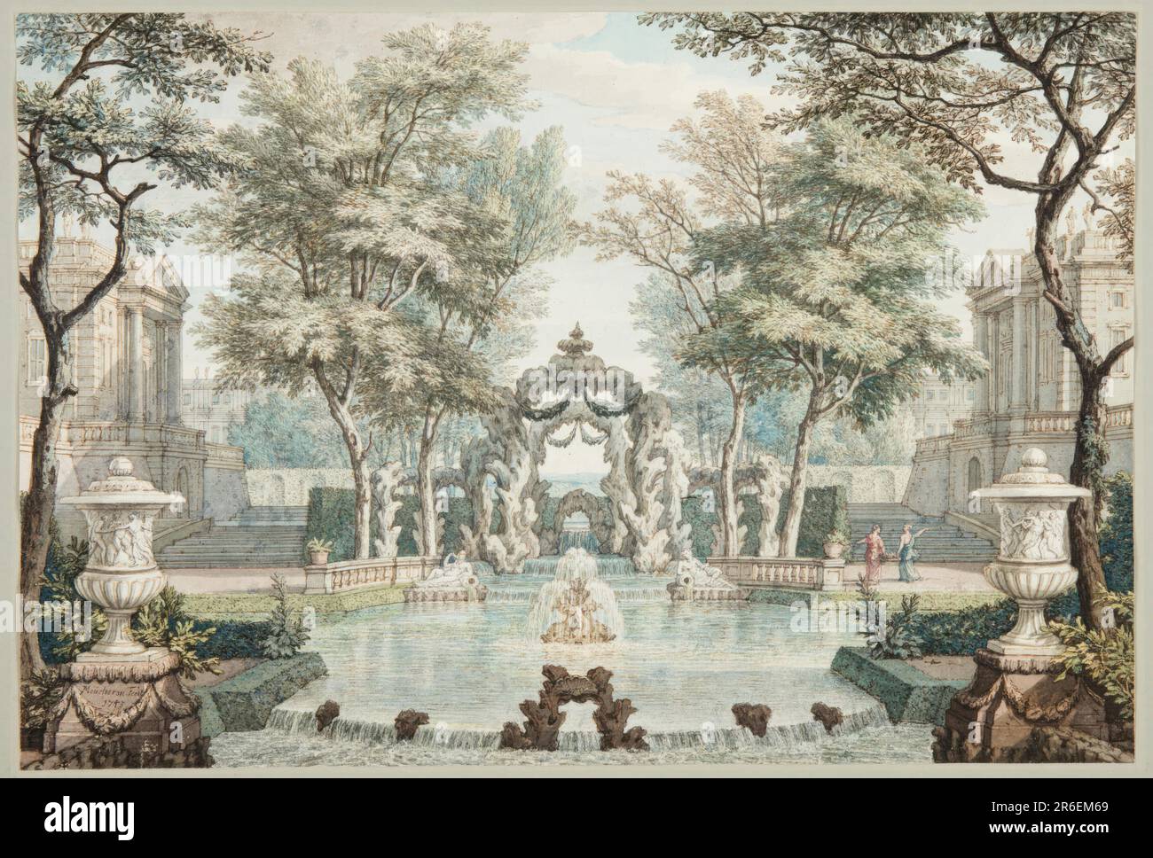 Imaginäre klassische Umgebung. Springbrunnen im Pool im Zentrum der ...