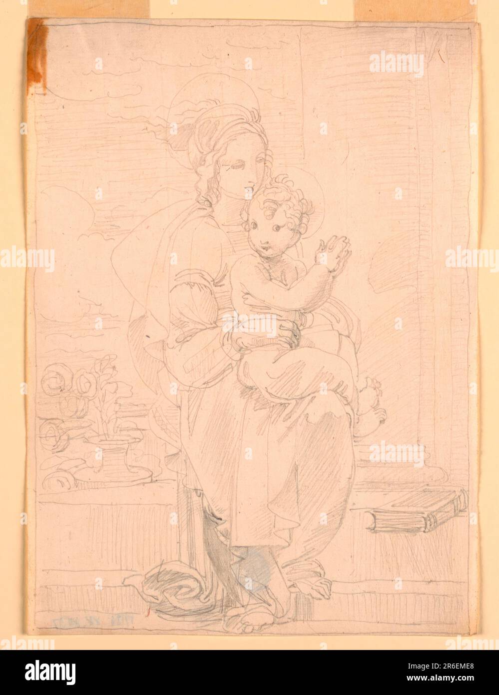 Die Jungfrau steht vor zwei Schritten, die zu einer Struktur führen, deren unterer Teil einer Säule sichtbar ist. Ihr linker Fuß ruht auf der unteren Stufe. D as Kind sitzt auf den Knien und hebt seine Hände wie im Gebet. Auf der oberen Stufe rechts befindet sich ein Buch. Eine Vase mit einem Haufen Rosen steht auf dem Boden. Wolken im linken Hintergrund. Graphit auf Papier. Datum: 1820-1850. Museum: Cooper Hewitt, Smithsonian Design Museum. Stockfoto