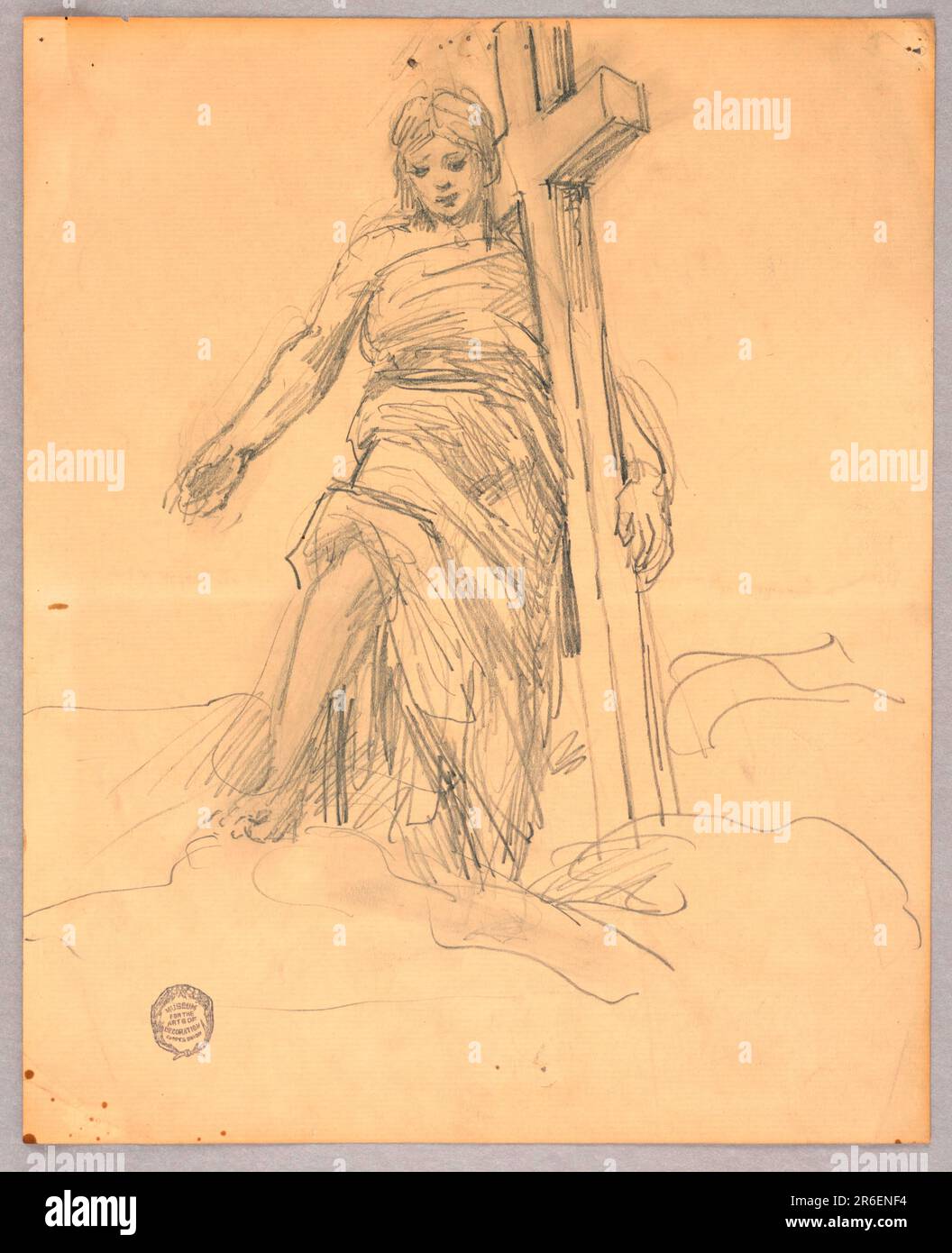 Die Figur steht mit dem linken Arm um ein Kreuz, dem rechten Arm ausgestreckt, dem rechten Fuß auf einer Wolke und dem Blick nach unten. Datum: Ca. 1895. Graphit auf liegendem Papier. Museum: Cooper Hewitt, Smithsonian Design Museum. Stockfoto