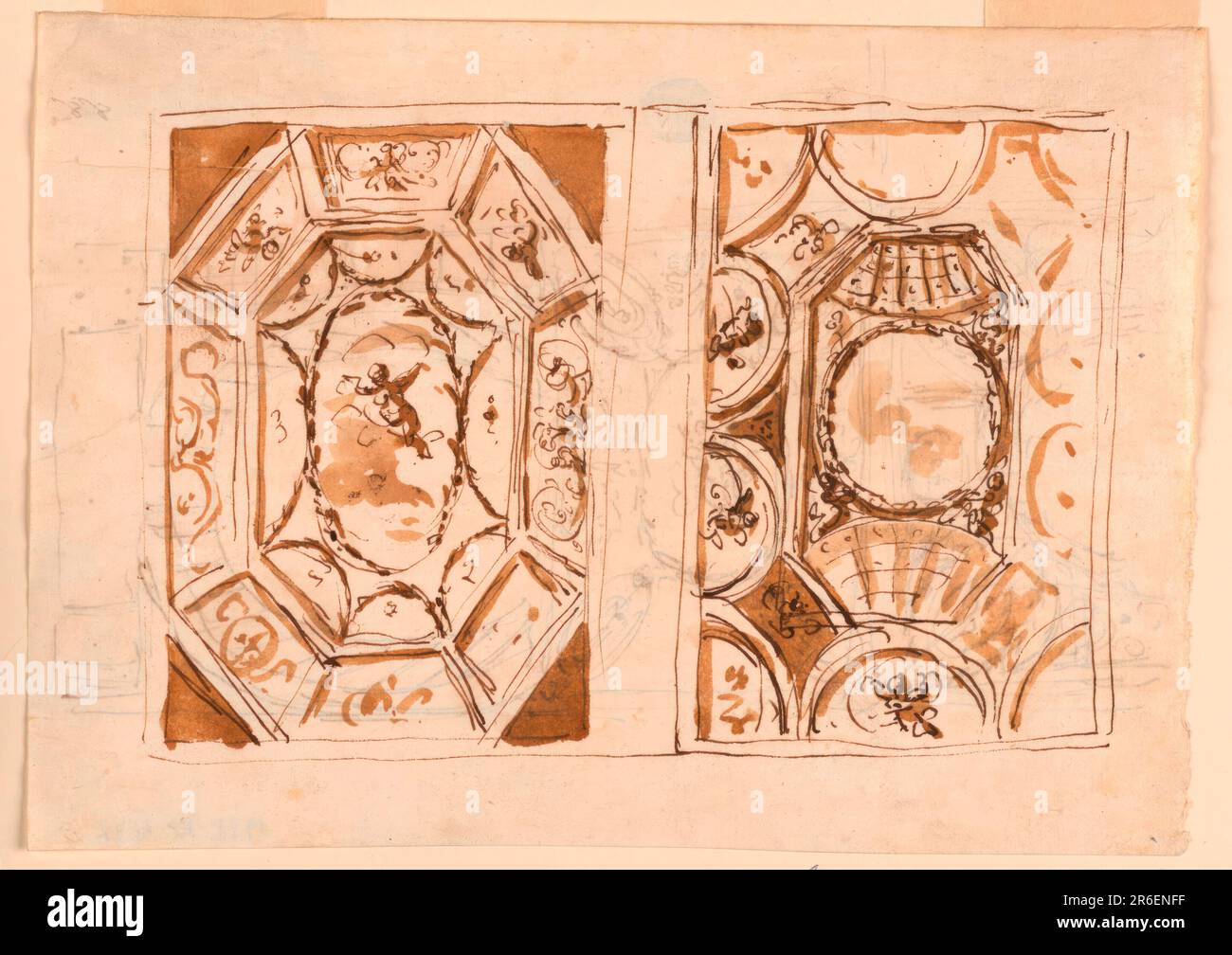 A) Links: Ein achteckiger Dachbodenrahmen ist in ein Langloch mit Blick auf den Himmel eingraviert. Die Girlanden-Bögen stützen eine ovale Girlande, in der ein Putto fliegt. Rechts: In der Mitte befindet sich ein kreisförmiger Kranz, der von zwei Putti gestützt wird. Es ist in ein Achteck eingraviert, wie es sich über und unter schalenartigen Formen befindet. Tangential zum achteckigen Rahmen sind Halbkreise mit Putti-Figuren. Die schrägen Seiten, die zu den Ecken des länglichen Raumes zeigen, sind gleichzeitig Seiten sphärischer Vierecke mit den Figuren. B) Verso: Vertikal. Oben: Eine Hälfte der länglichen Decke ist abgebildet. Es wird ein großes zentrales Ovoid empfohlen Stockfoto