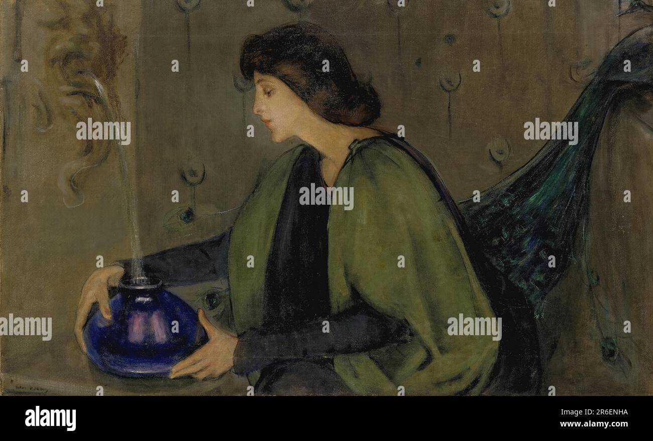 Frau und Pfau. Datum: Ca. 1900. Öl auf Leinwand. Museum: Smithsonian American Art Museum. Stockfoto
